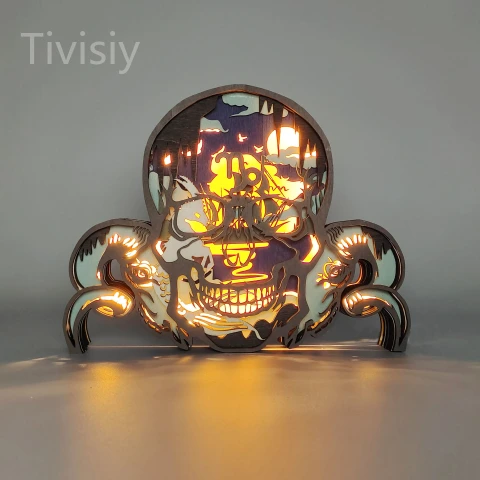 Capricorn Skull 3D Wooden Carving,Suitable for Home Decoration,Holiday Gift,Art Night Light